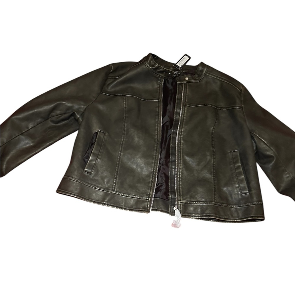 PLT PLUS BROWN WASHED FAUX LEATHER OVERSIZED SEAM DETAIL JACKET